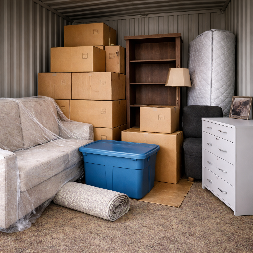 organized mini-storage unit with furniture and boxes